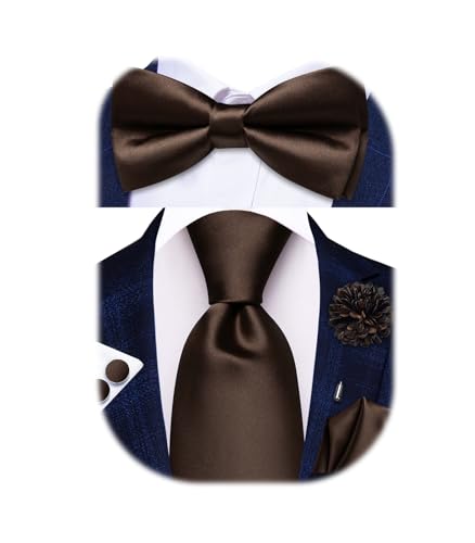 Hi-Tie 5Pcs Mens Solid Brown Color Silk Tie Satin Pretied Bowtie Lapel Pin for Men Handkerchief Cufflink Wedding Gift Box