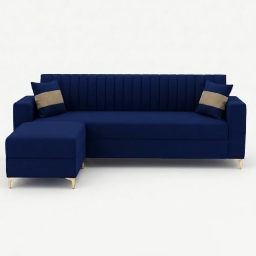Image of FURNY Signature Regalia 4-Seater L-Shape Sofa Set with Movable Ottoman | Flexible LHS /RHS Layout | Boston Fabric | 40D Foam + Zigzag Spring | 3-Yr Warranty (Midnight Blue & Warm Beige)
