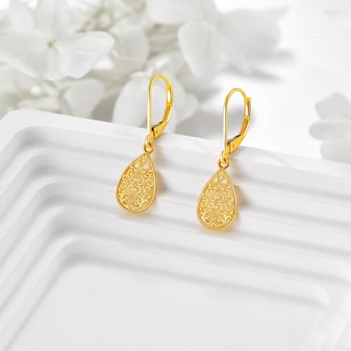 14K Solid Yellow Gold Filigree Dangle Earrings for Women Real Gold Teardrop Leverback Earrings Birthday Jewelry Birthday Gifts for Wife Mom2