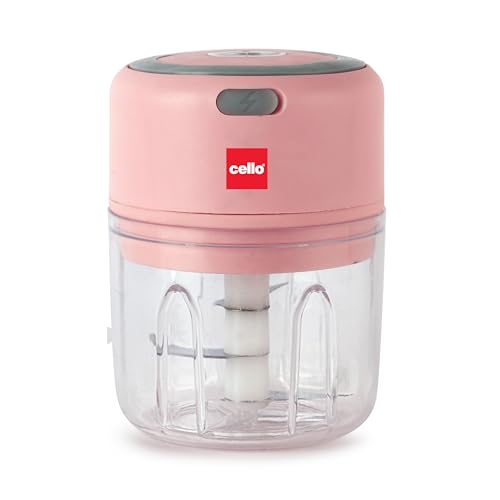 Image of Cello Reva Multi Functional Electric Chopper | Stainless Steel Blades & Unbreakable Bowl | One Touch Operation | Rechargeable and Portable | Perfect For Quick Chopping, Mincing & Processing | Pink