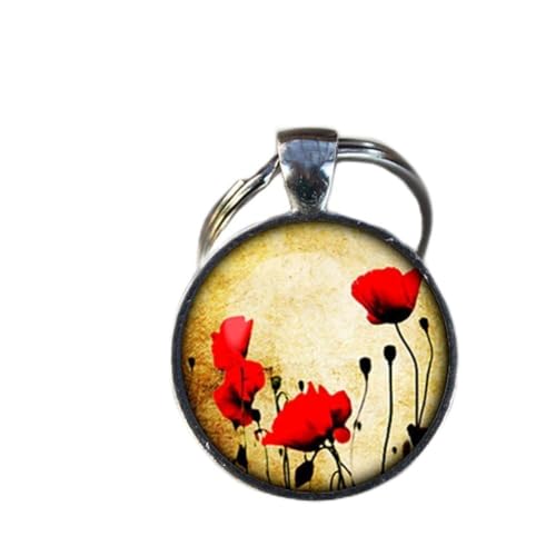 COAYHEL Porte-clés avec breloque coquelicot fleurs rouges, magnifique porte-clés, porte-clés Mimi, cadeau quotidien coquelicot, porte-clés unique personnalisé, Argenté., 25 mm
