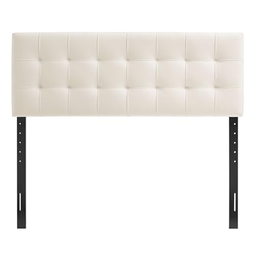 Image of Modway Lily Performance Velvet King Size Headboard with Biscuit Tufting in Alabaster - Stain-Resistant Upholstery with Padded Design and 5 Height-Adjustable Mounts