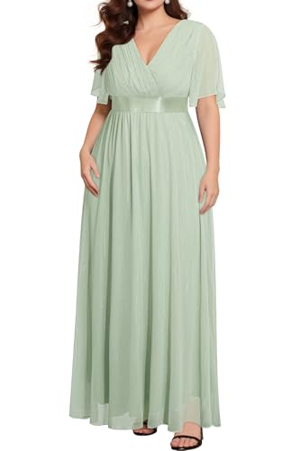 Talisea Plus Size Bridesmaid Dresses Chiffon Sage Green Wedding Guest Cocktail Short Sleeve V Neck A-Line Floor Length Dress