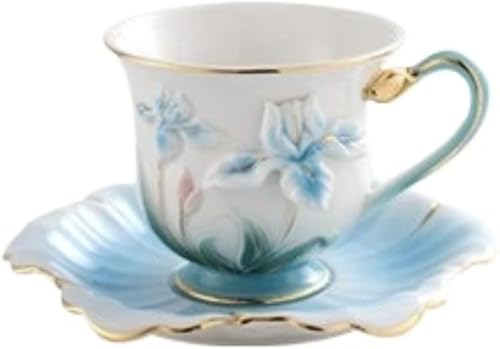 Farigrut エンボス加工花手描き陶器コーヒーカップ & ソーサーセット スズラン・チューリップ・アイリスモチーフ 家庭用アフタヌーンティーカップ 多用途ウォーターカップ 創造的デザイン