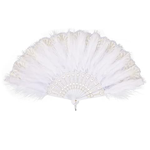 MWOOT Marabou wachlarz z piór, lata 20., haftowany kwiatowy wachlarz piór, ryczący wachlarz w stylu vintage lat 20. do kostiumu na Halloween, taniec, pokaz herbaciany, przyjęcie weselne, dekoracja - biały