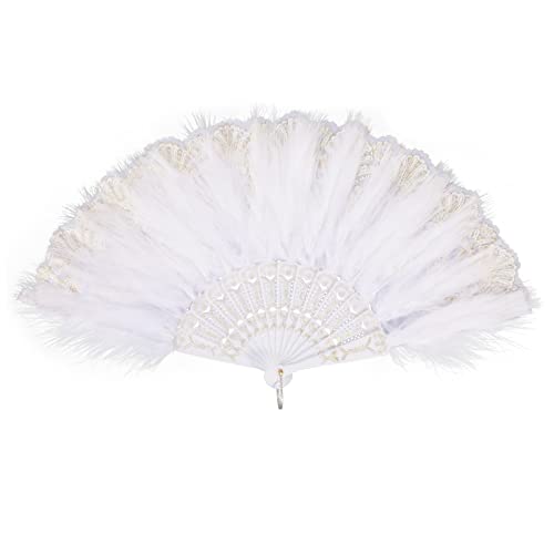 MWOOT Marabou wachlarz z piór, lata 20., haftowany kwiatowy wachlarz piór, ryczący wachlarz w stylu vintage lat 20. do kostiumu na Halloween, taniec, pokaz herbaciany, przyjęcie weselne, dekoracja - biały