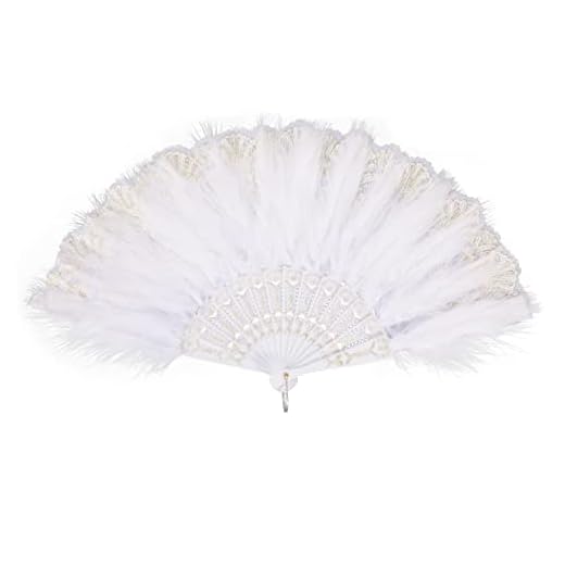MWOOT Marabou Federfächer, 1920er Jahre Vintage Faltbar Handheld Handfächer, 20er Jahre Gestickte Blume Folding Feather Fan für Hochzeit Halloween Tanzen Show Tee Party Kostüm Dekoration - Weiß