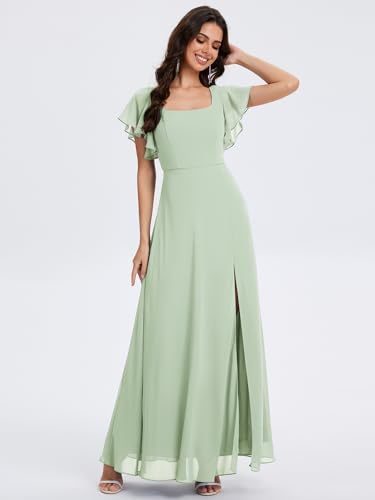 Image of Ever-Pretty Women's Square Neck Short Sleeves Split Chiffon Floor Length A-Line Maxi Formal Dress 02409