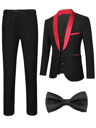 Men's Slim Fit Suit Shawl Lapel with Black Printing Bow Tie 4 Pieces Wedding Prom Dinner Tuxedo Blazer Vest Pants Set