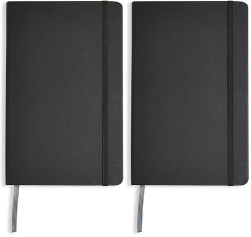 Image of Amazon Basics Classic Lined Writing Notebook for Note Taking and Journaling, Hardcover with Elastic Closure, 240 Pages, 5 inch x 8.25 inch, Black (Pack of 2)