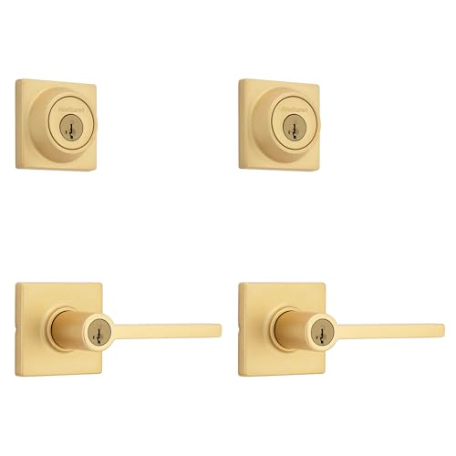 Image of Kwikset Casey Square Front Door Lock Handle and Deadbolt Set, Entry Exterior with Interior Reversible Lever, Satin Brass, Project Pack, Pick Resistant SmartKey Rekey Deadbolt Security