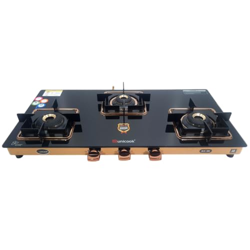 Image of Unicook Ultra SlimRG 3 Burner Gas Stove | Auto Ignition | Forged Brass Burners | 6mm Glass Cooktop | ISI Certified | 3 Years Warranty on Glass & Burners + 2 Year Comprehensive Warranty