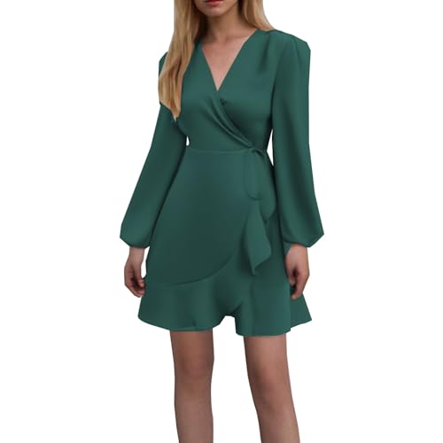 Celanisai Vestido plisado para mujer, cuello en V, manga larga, vestido festivo, elegante, vestido de fiesta, vestido de fiesta de cóctel, vestido elegante, vestido de noche, O Verde Oscuro, XXL