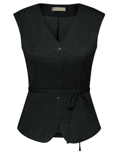 Belle Poque Women's Suit Vest Tops Business Casual V-Neck Vest Vintage Sleeveless Button Down Waist Tie Waistcoat Trendy