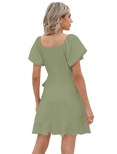 Image of Sampeel Womens Summer Dresses Square Neck Puff Sleeve Tie Waist Short Dress