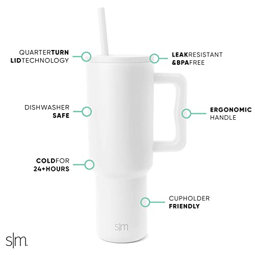Image of Simple Modern 40 oz Trek Tumbler with Handle and Straw Lid | Cup Holder Friendly Insulated Stainless Steel Travel Mug | Winter White