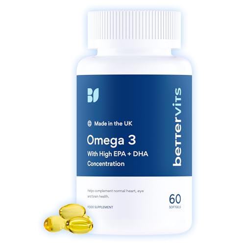 Bettervits Omega 3 Capsules High Strength - 33% EPA & 22% DHA | Omega 3 Fish Oil Nutritional Supplements - Supports Overall Well-Being: Heart Eye Skin & Bone Health | 60 Easy-to-Swallow Capsules