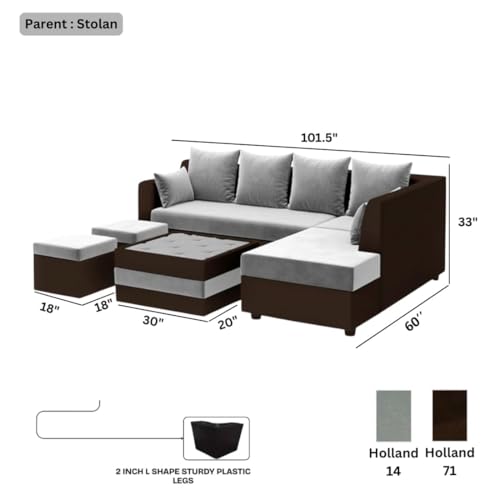 Image of CASASTYLE Stylify 8 Seater Fabric RHS L Shape Sofa Set with 1 Centre Table & 2 Ottoman (Light Grey-Dark Brown) 8 Person Seating with Premium Velvet Finish | Ideal for Living Room