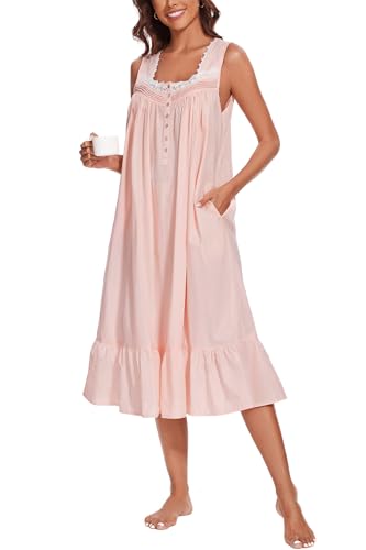 Image of AVIIER 100% Cotton Nightgowns for Women Sleeveless Sleep Dress Ladies Gowns Sleepwear with Pockets