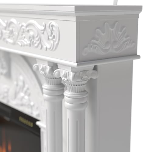 Image of Homsee 55-inch Fireplace with Mantel, Insert with 1500 /750W 23.6-inch Fireplace Heater, TV Stand Decord with Roman Columns in Pine Wood, Electric Fire Place with 12 Color Flame & 8 Hour Timer, White