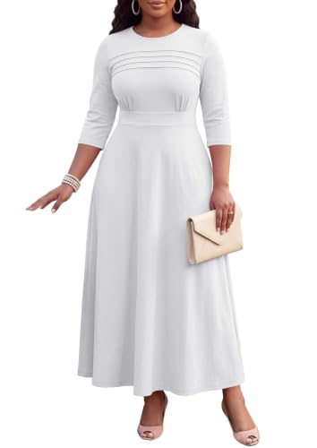 Image of FANDEE Fit-and-Flare Maxi Dress Round Neck Pleated Front Side Pockets | Front pleats soft flatter your bust shape; Empire Waist lengthen your figure; 3 /4 sleeves round neck suit for many occasions