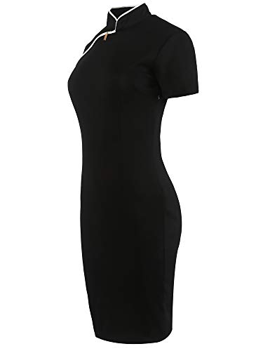 Oxiuly Women's Vintage Stretch Stand Collar Casual Work Pencil Slim Bodycon Dress Ox183 (S, Black Solid) #TOP2