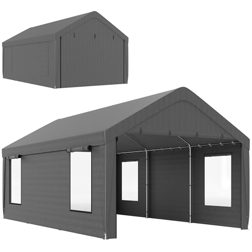 Outsunny Carpa Garaje Portátil 6x3,6 m, Garaje Exterior para Coche Impermeable, Cobertizo de Almacenamiento Anti-UV, con Paredes Laterales Desmontables y 2 Puertas con Cremallera, para Coche, Gris