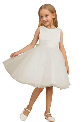 Elegant Satin Tulle Flower Girl Dress for Wedding Short Tutu Pearls Princess Pageant Birthday Party