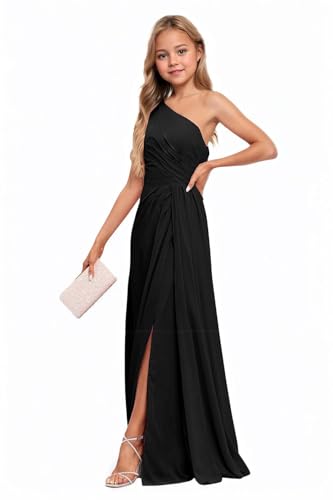 Black Junior Bridesmaid Dresses One Shoulder Chiffon Flower Girl Dress for Wedding Long Party Pageant Gowns Size 12