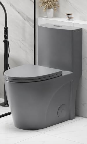 HRVEOCEI Dual Flush One Piece Toilets for Bathrooms Compact Grey Toilet Elongated with Soft Closing Seat Modern 12 Inch Rough in Toilet Map 1000g Comfort Height Silent Design (Light Gray)
