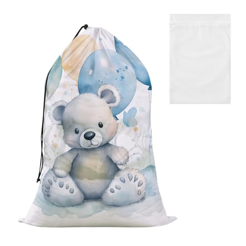 Bonito oso con globo, bolsa de lavandería grande de malla, organizador de ropa sucia con cierre de cordón, cesta de lavandería de 24 x 35 pulgadas