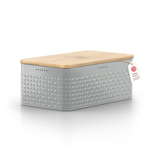 Image of LARS NYSOM Bread Box I Metal Box for long lasting freshness I Bread Bin with bamboo lid usable as cutting board I 13.4x7.7x5.3In (Pebble Gray)