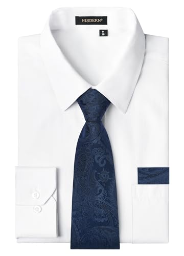 HISDERN Camisa Hombre Blanco Manga Larga Clásico Camisas y Corbata Formal Boda Negocios con Bolsillo L