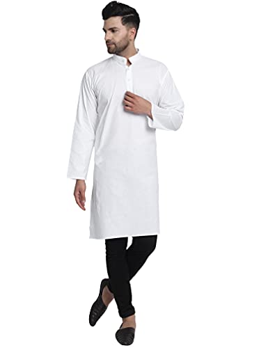 SKAVIJ Men's Shirt Cotton Kurta Casual Tunic Dress Regular Fit (Large, White)