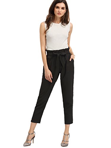 Sweatyrocks Women's Elastic Belted High Waist Casual Loose Long Pants With Pocket (Medium, Black#) #TOP3
