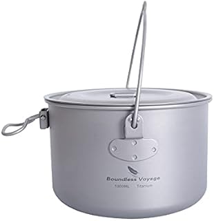 iBasingo 1.3L /1.95L / 2.9L Titanium Pot Hanging Stockpot Camping Cookware with Lid Outdoor Lightweight Campfire Cooking Kit Hiking Picnic Travel Portable Soup Pot for 1-3 Person