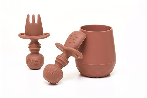 Image of Tooshka Baby Utensil Set (3 pcs) - Self Feeding Spoons and Tiny Cup - Silicone & BPA Free - Baby-Led Weaning (BLW) Supplies - Ages 6+ Months - Brown Baby Cup & Utensils