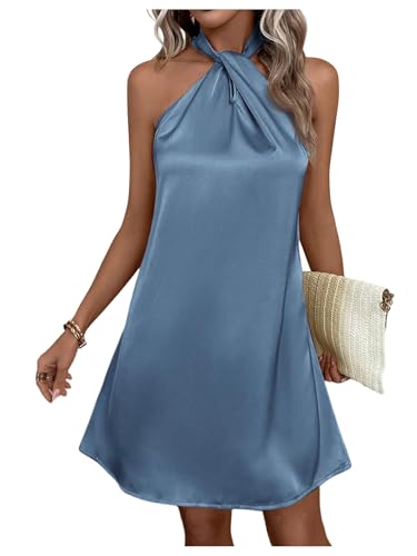 Image of Floerns Women's Pearl Beaded Halter Twist Sleeveless Tie Back Dress A Line Dress