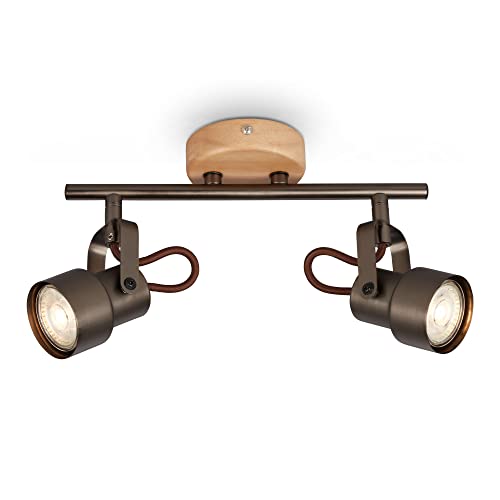 Briloner - Lámpara de techo LED retro con madera, lámpara de techo de 2 lámparas vintage, temperatura de color blanco cálido, foco LED ajustable, foco de techo rústico, gris madera