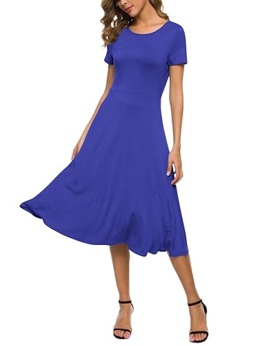 Image of EXCHIC Women's Casual Round Neck Short Sleeve Midi Dress Solid Stretchy Waist Knee Long Dress