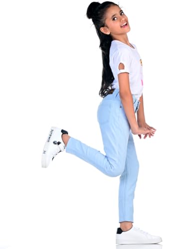 Image of Knit N Knot Girls' Kids Premium Solid Clean Ice, Light Blue Cotton Stretch Slim Fit Mid Rise Jeans | Classic 5 Pocket | Regular Casual EverydayFestive Occassional Wear | Adjustable Waist