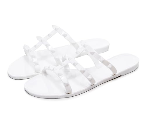 Image of Women Flats Sandals, Studded Jelly Shoes Size 9 Red Dressy Summer Beach Rivets Strappy Jellies Slide Slip On Open Toes