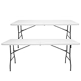 MARCPRINT - Mesa Plegable 180 x 70 cm para Interior y Exterior, Carga 150 kg Asa de Transporte Plegado por la Mitad, Patas de Acero Altura 74 cm, para Camping, Eventos, Resina HDPE Blanco - 2 Pack