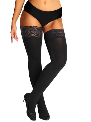 HONENNA Fleece Lined Thigh High Stockings, Stay Up Lace Top Opaque Winter Warm Tights for Women, medias térmicas mujer