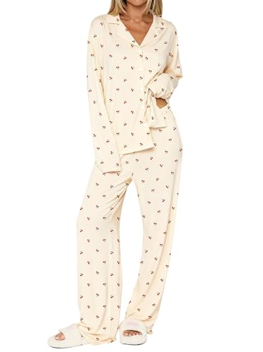 Image of Dressmine Ladies Long Sleeve Cute Pajama Sets 2 Piece Fall Outfits Button Up Pjs Set Loungewear
