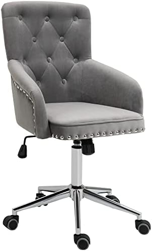 HOMCOM Modern Mid-Back Desk Chair with Button Tufted Velvet Back, Nailhead Trim, Swivel Home Office Chair with Adjustable Height, Curved Padded Armrests, Grey