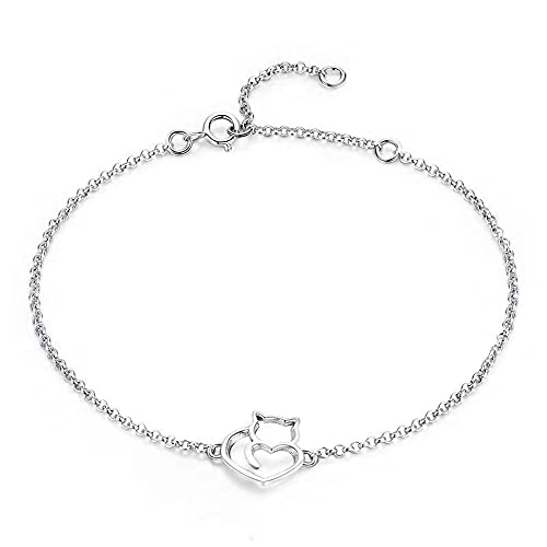 Belons Damen Charm Armband 925 Sterling Silber Katze Kätzchen Armkette Mädchen Armkettchen Fußkettchen (Silber)