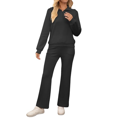 MAYROUND Freizeitanzug Damen Lounge Set Gerippt Outfit Anzug Trainingsanzug Zweiteiler Frauen (Schwarz, M)