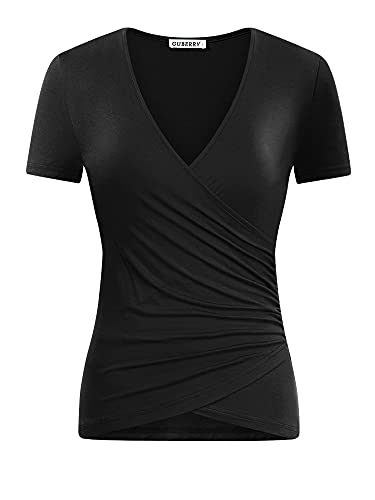 Guberry Black Shirts For Women Deep V Neck Short Sleeve Sexy Wrap Top T Shirt #TOP3