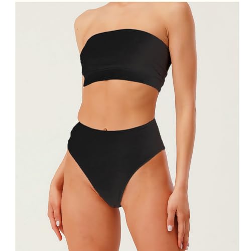 Womens Black Bandeau Bikini Set Strapless High Waisted Two Piece Swimsuit Tummy Control Bathing Suits OneSize 2-83